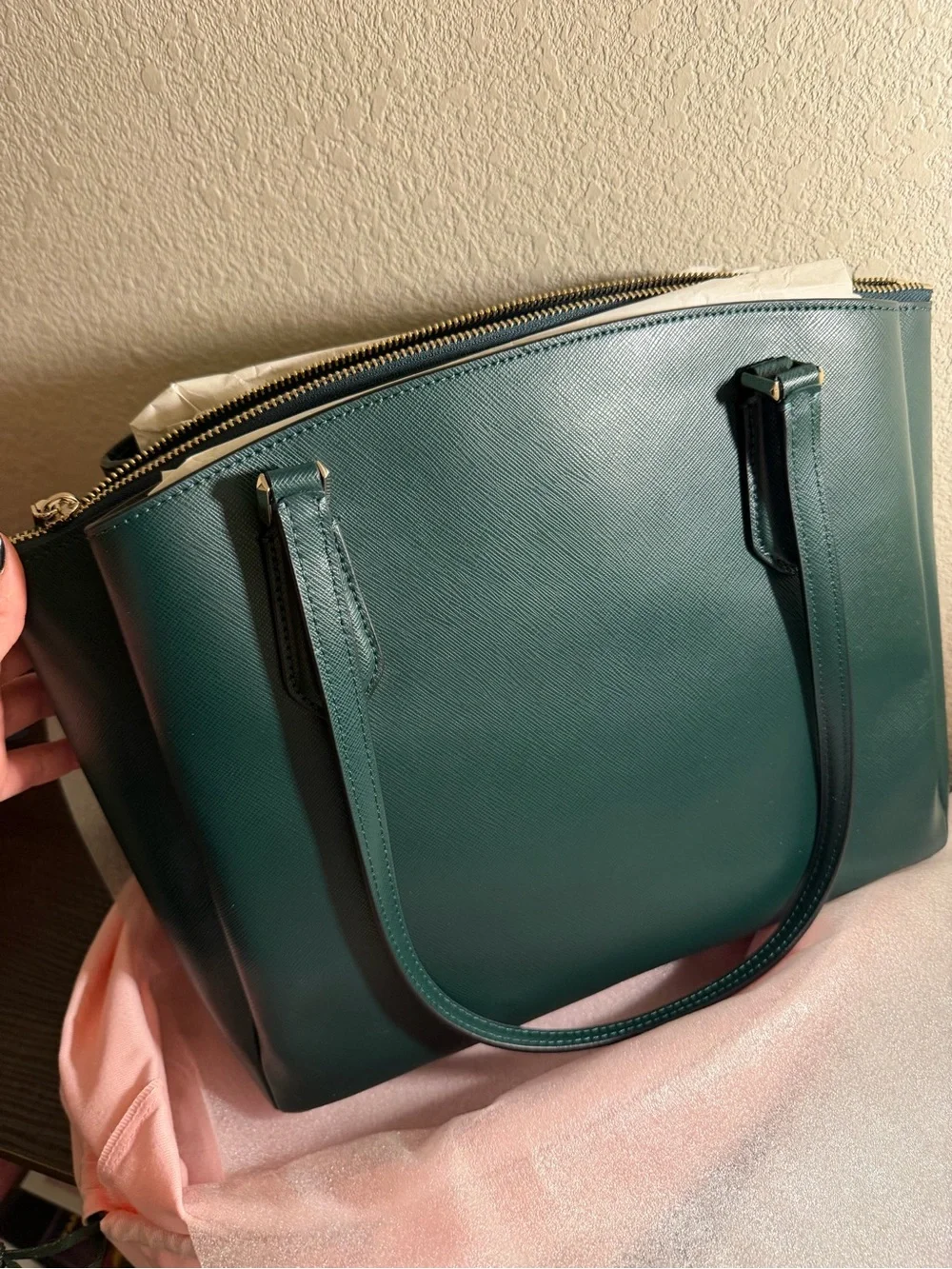 kate spade Dark Green Saffiano Leather Tote with Cream Trim